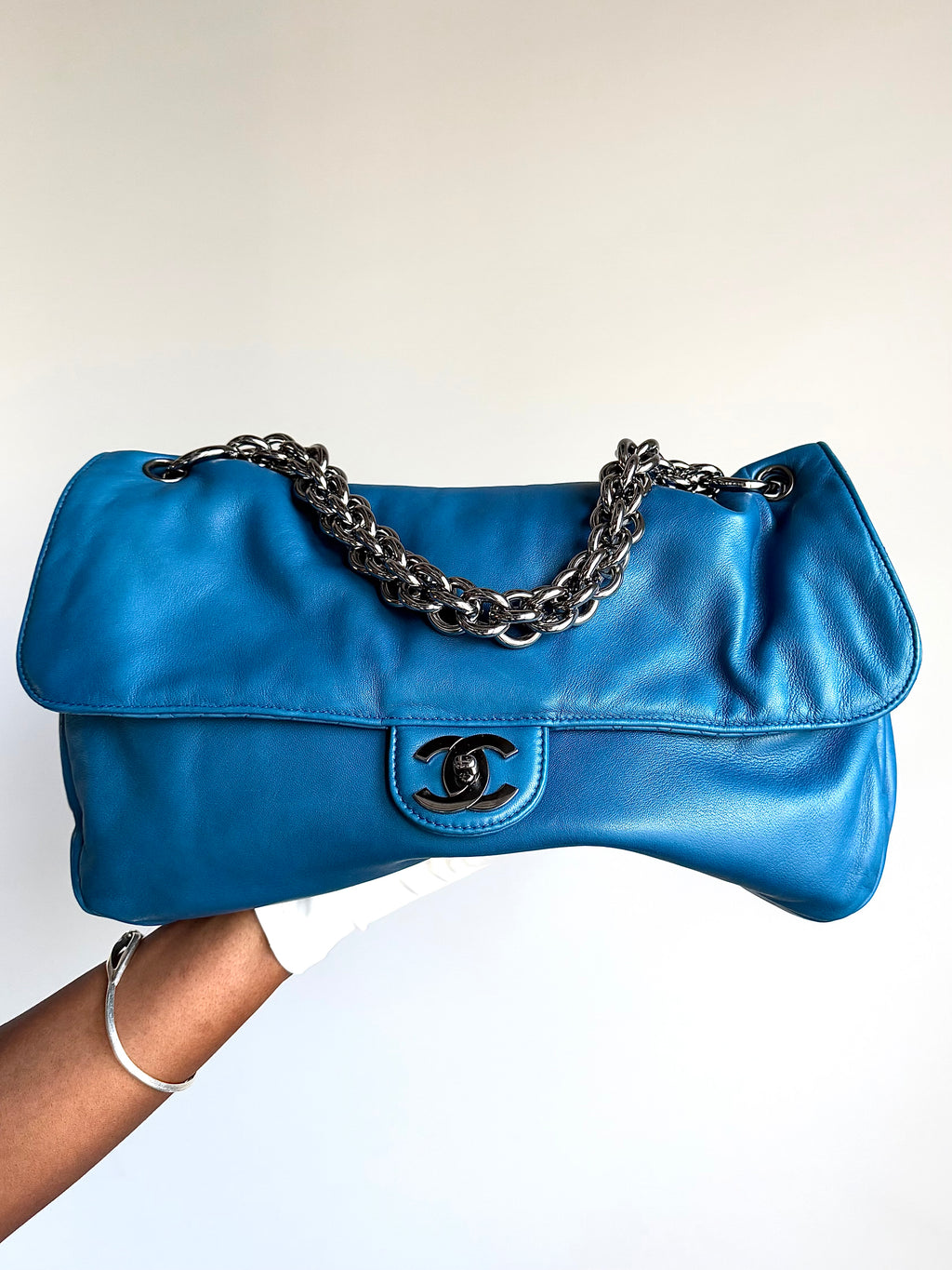 Chanel Large Blue Soft Lambskin Slouchy flap with extra Thick Chunky Chain