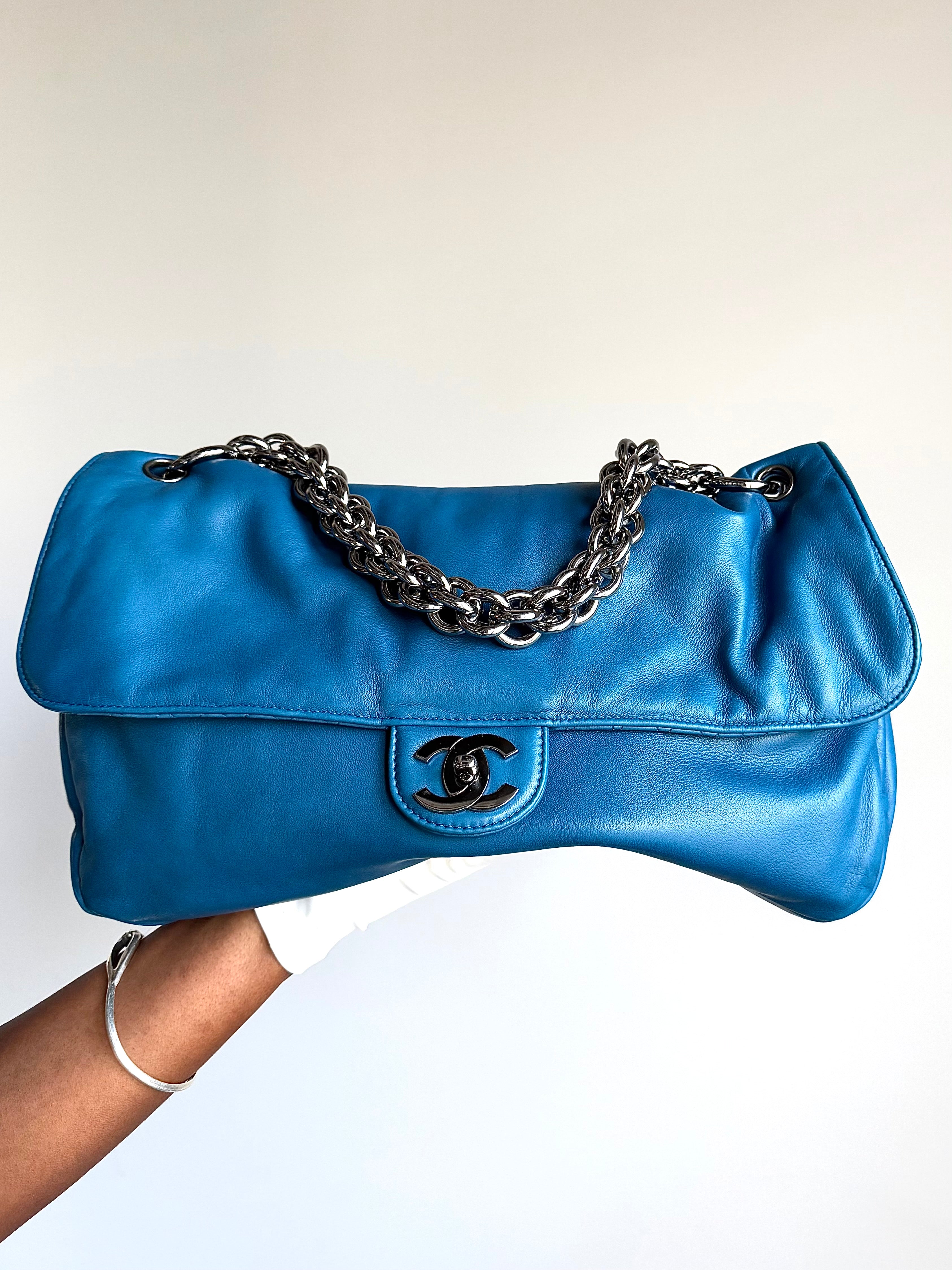 Chanel Large Blue Soft Lambskin Slouchy flap with extra Thick Chunky Chain
