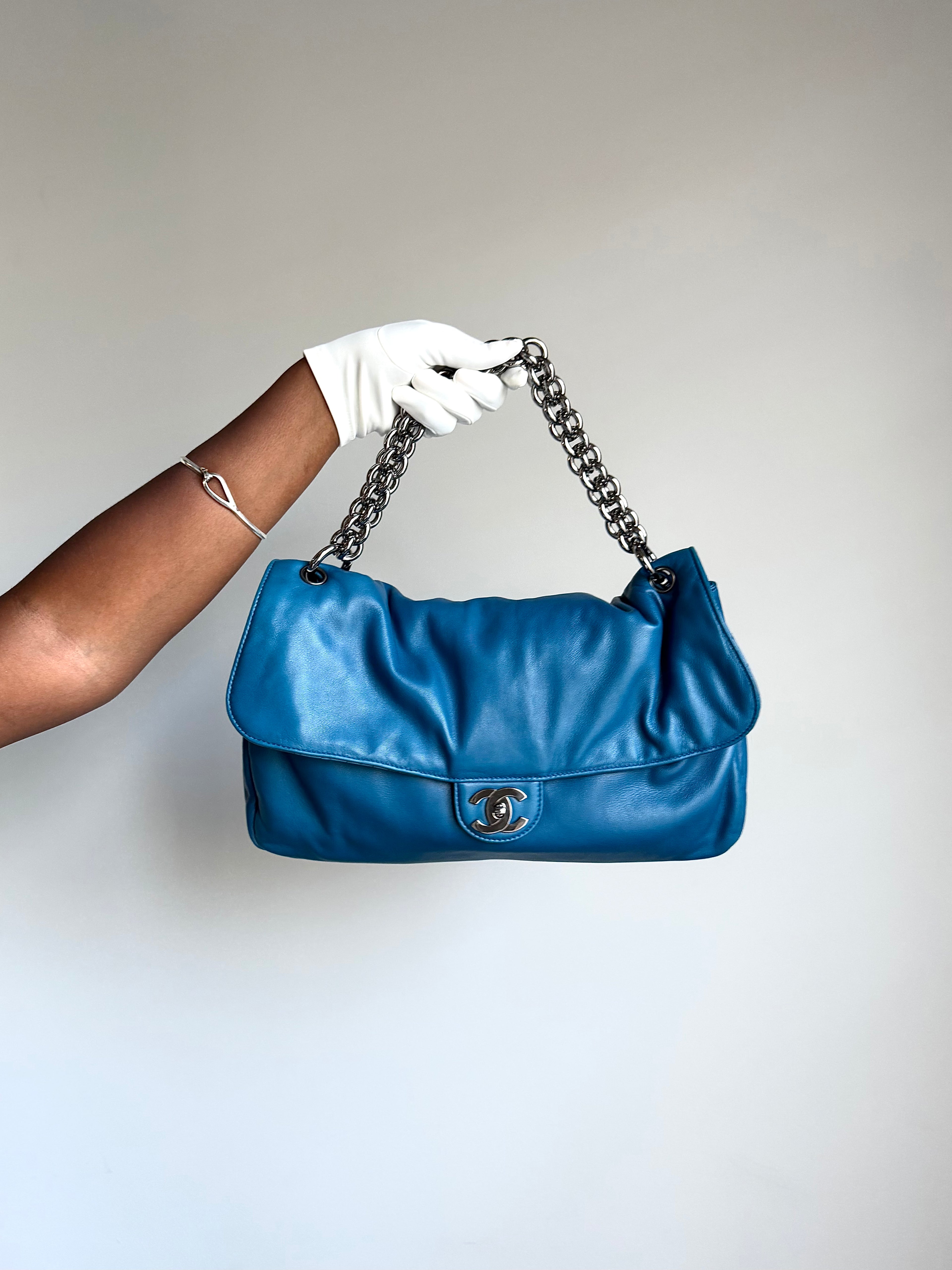 Chanel Large Blue Soft Lambskin Slouchy flap with extra Thick Chunky Chain