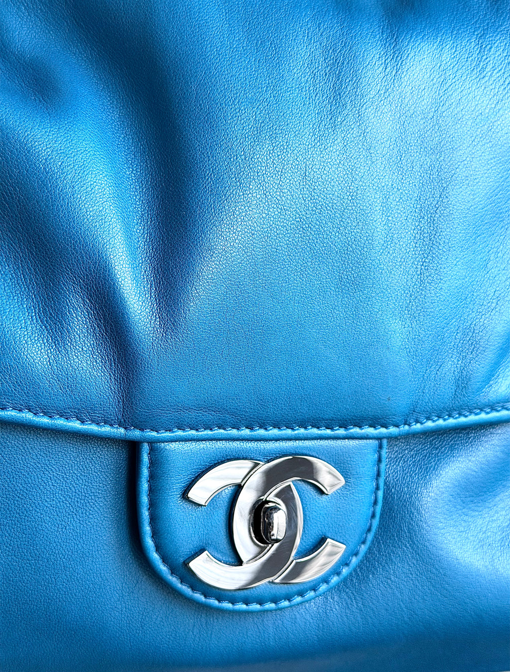 Chanel Large Blue Soft Lambskin Slouchy flap with extra Thick Chunky Chain