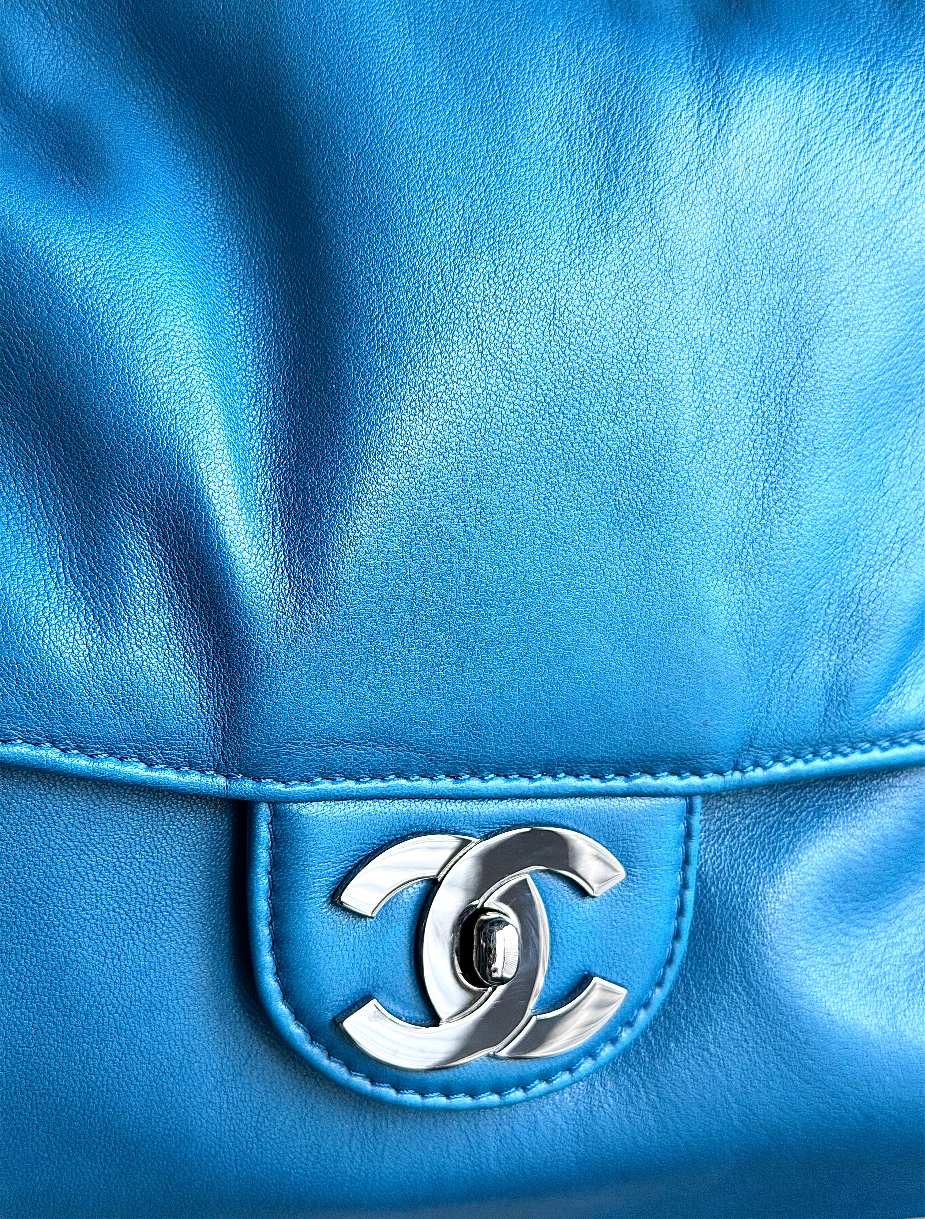 Chanel Large Blue Soft Lambskin Slouchy flap with extra Thick Chunky Chain
