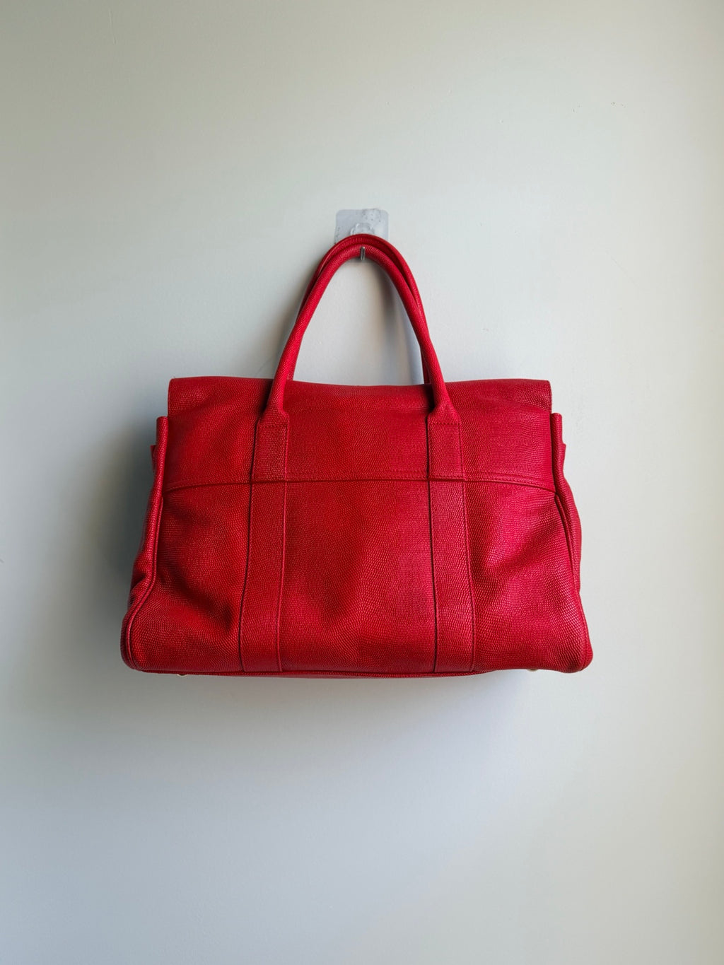 Back view of red Mulberry Bayswater showing structured silhouette and handles